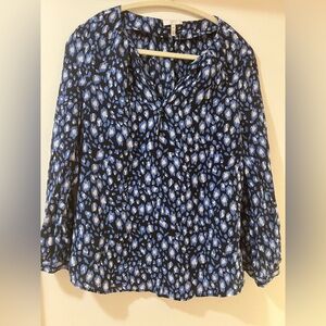 Joie Silk Blue and Black V-Neck Printed Blouse